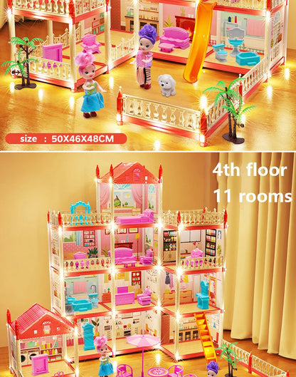 3D DIY Mini Princess Castle Villa Assembly Toy House with LED Lights – Creative Doll House Accessories Set, Girl Birthday Gift