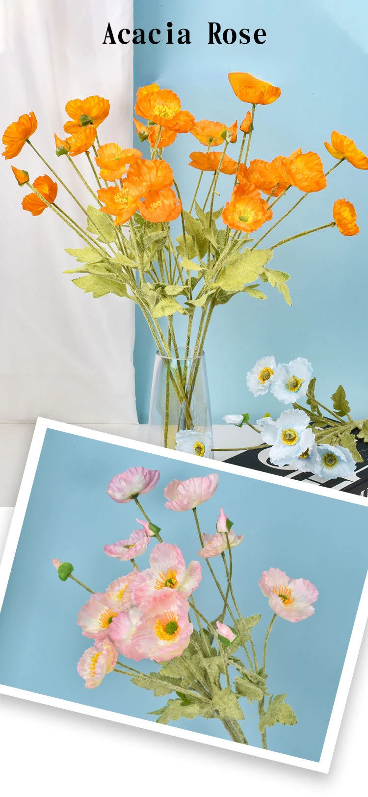 4 cabezas de amapolas artificiales – Ramo floral sintético de seda para arreglos de boda nupciales, decoración de fiestas, decoración de jardines y exhibiciones al aire libre