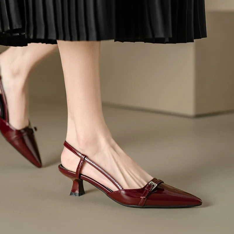 Zapatos de tacón slingback de charol para mujer – Zapatos de vestir de tacón medio con hebilla y punta fina, elegantes sandalias de verano sin cordones