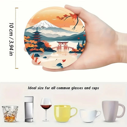 4/6PCS Wooden Coasters – Cherry Blossom, Kimono & Mount Fuji Japanese-Style Design Coffee Table Drink Mats for Home & Dining