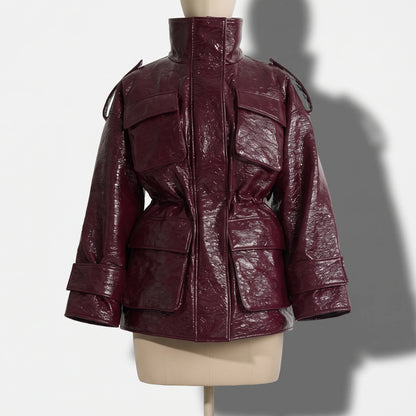 Women’s Burgundy Patent Leather Puffer Jacket – Mid-Length Winter Coat with Stand Collar, Epaulets, Multi-Pockets & Drawstring Waist