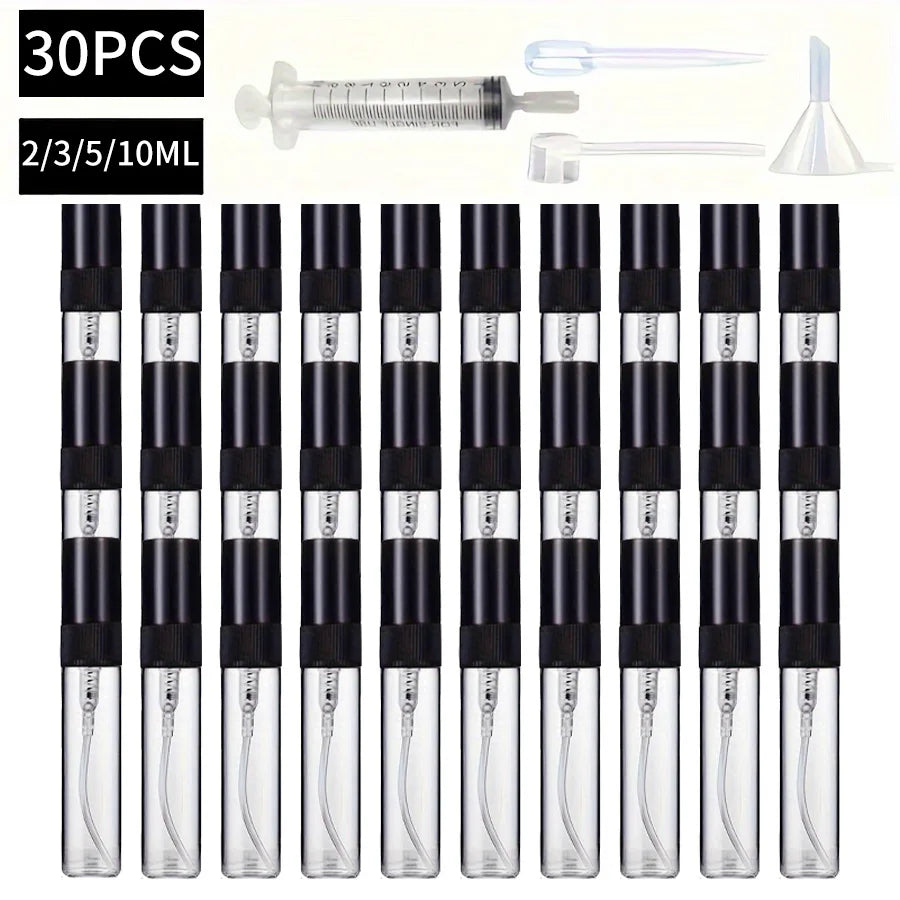 Set de 30 Botellas Pulverizadoras de Vidrio con Accesorios – Mini Botellas de Perfume Rellenables de 2/3/5/10ml con Embudo, Jeringa, Herramienta Cuentagotas y Popote para Fragancias, Aceites Esenciales y Cosméticos Caseros
