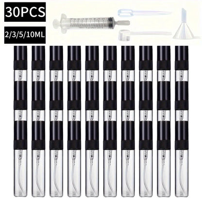 Set de 30 Botellas Pulverizadoras de Vidrio con Accesorios – Mini Botellas de Perfume Rellenables de 2/3/5/10ml con Embudo, Jeringa, Herramienta Cuentagotas y Popote para Fragancias, Aceites Esenciales y Cosméticos Caseros