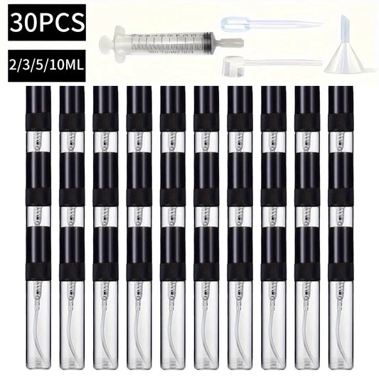 Lot de 30 vaporisateurs en verre avec accessoires – Mini-flacons de parfum rechargeables de 2/3/5/10 ml avec entonnoir, seringue, compte-gouttes et paille pour parfums, huiles essentielles et cosmétiques DIY