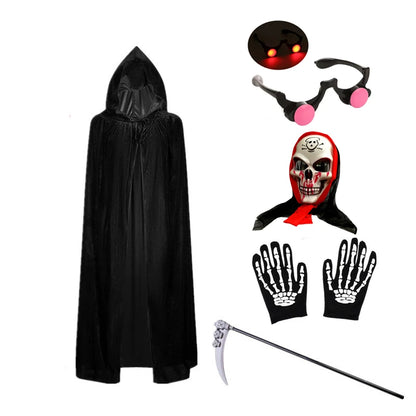 Kids’ Grim Reaper Halloween Costume – Scary Robe Outfit with Glowing Red Eyes, Mask & Gloves for Boys, Halloween Parties & Dress-Up