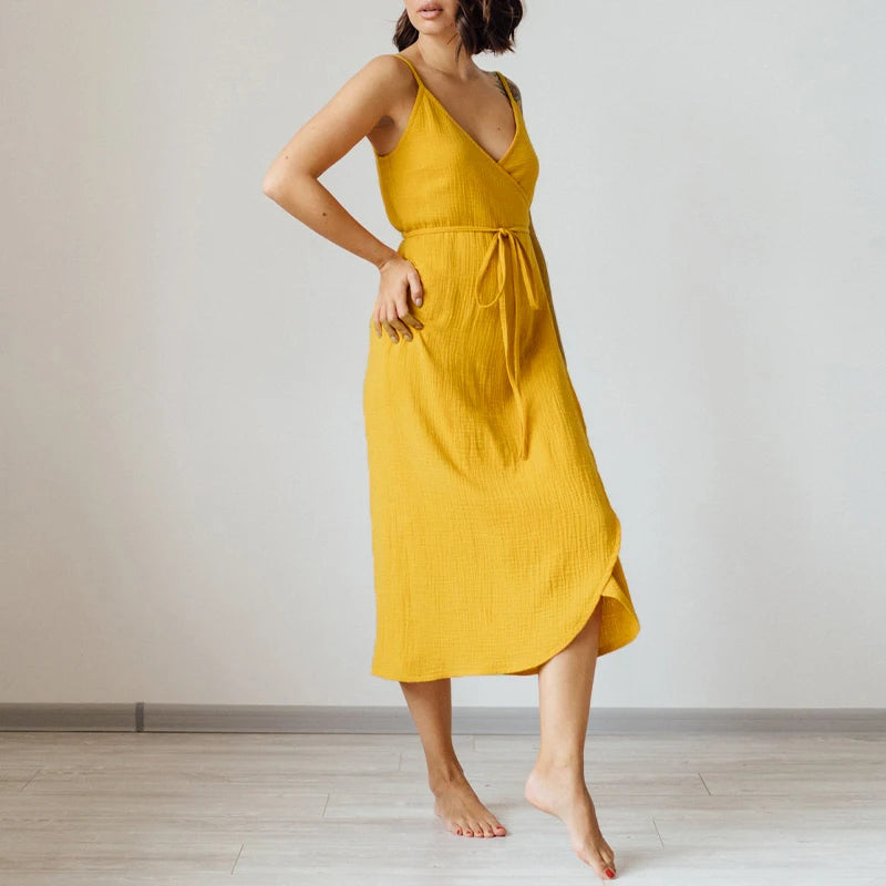 Vintage Women's Maxi Dress 100% Cotton Crepe Gauze V-Neck Sleeveless Bandage Long Elegant Summer Dress