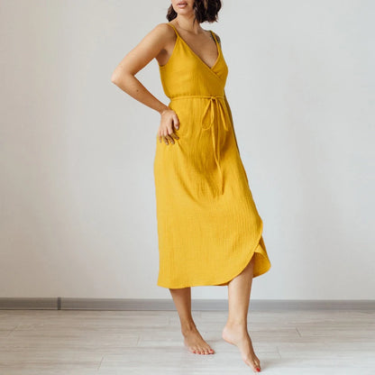 Vintage Women's Maxi Dress 100% Cotton Crepe Gauze V-Neck Sleeveless Bandage Long Elegant Summer Dress