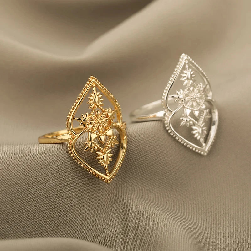 Gold Stainless Steel Lotus Flower Opal Ring – Vintage Oval Stone Statement Ring for Women | Elegant Fashion Jewelry Gift