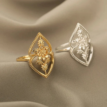 Gold Stainless Steel Lotus Flower Opal Ring – Vintage Oval Stone Statement Ring for Women | Elegant Fashion Jewelry Gift