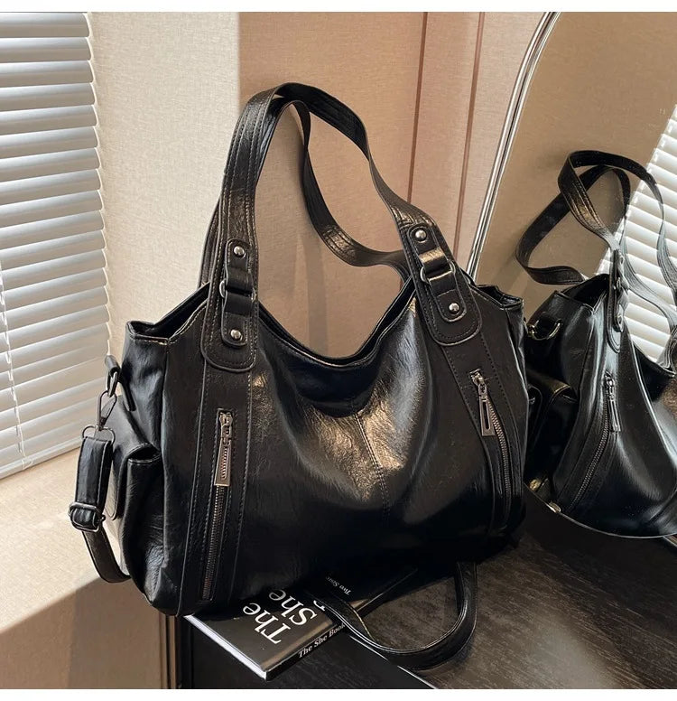 Women’s PU Leather Shoulder Bag – 2026 Fashion Handbag with Soft Interior Compartment, Contrast Color Design, Zipper Closure, Stylish Everyday Purse for Work, Travel & Casual Use
