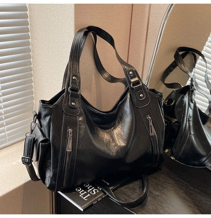 Women’s PU Leather Shoulder Bag – 2026 Fashion Handbag with Soft Interior Compartment, Contrast Color Design, Zipper Closure, Stylish Everyday Purse for Work, Travel & Casual Use