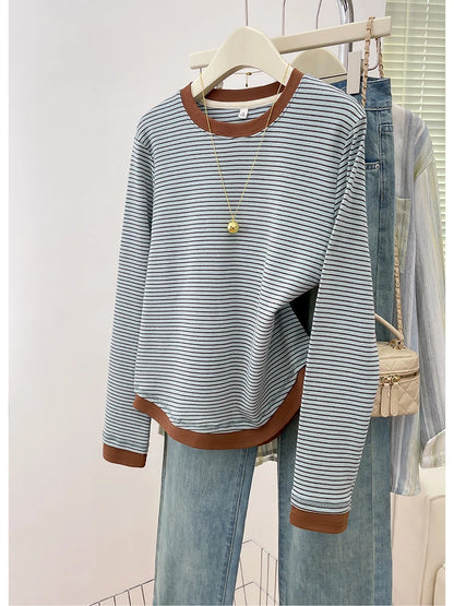 T-shirt rayé rétro à blocs de couleurs pour femmes, à manches longues, col rond, ourlet asymétrique en coton, chemise décontractée de base