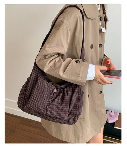 Bolso de hombro de nailon estilo coreano – Bolso tote sencillo a cuadros con cremallera y diseño de nube plisada con cordón ajustable, bandolera de moda para mujer, bolso de mano casual para el día a día