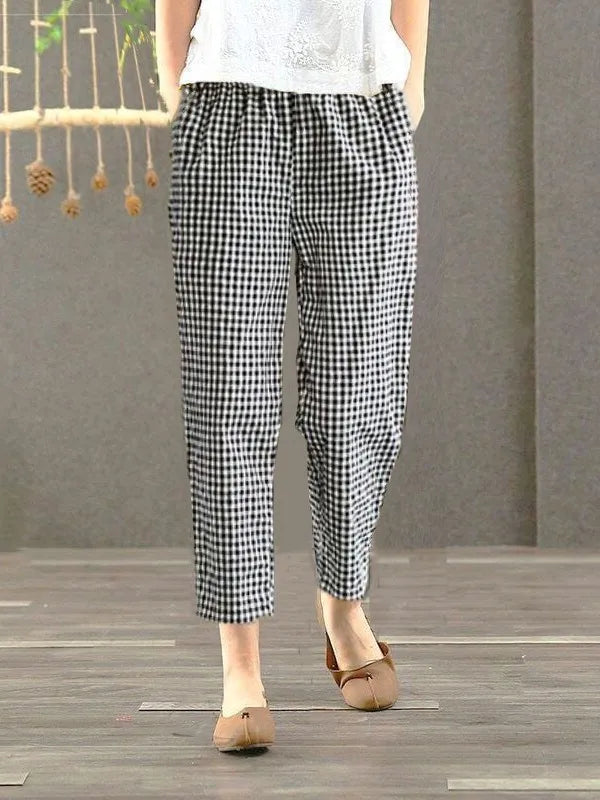 Pantalones Harlan de Verano para Mujer de Lino y Algodón, de Cintura Alta, Sueltos, Delgados, Estampados, Informales, tipo Farol, de Nueve Puntos con Bolsillos