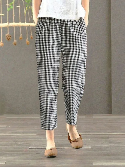 Pantalones Harlan de Verano para Mujer de Lino y Algodón, de Cintura Alta, Sueltos, Delgados, Estampados, Informales, tipo Farol, de Nueve Puntos con Bolsillos