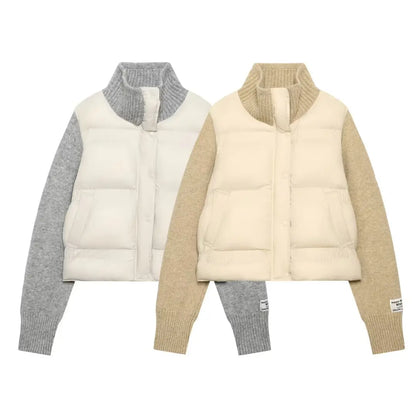 Women’s Sweater-Spliced Padded Coat – Long-Sleeve Zip-Up Jacket with Pockets, Chic Casual Outerwear for Spring & Autumn