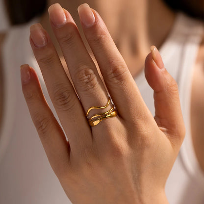 Bague creuse ajustable plaquée or 18 carats - Bague de mode minimaliste en acier inoxydable pour femme