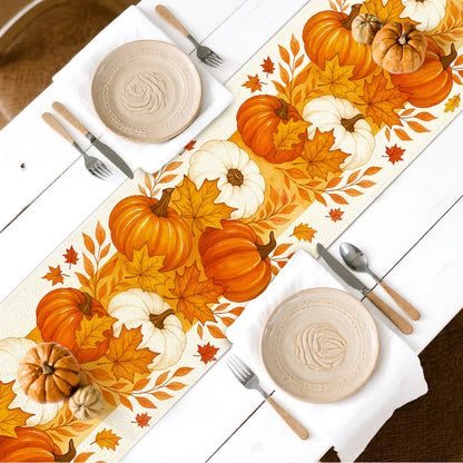 Autumn Pumpkin Illustration Table Runner – Durable Fall Table Decor for Weddings, Kitchen, Dining Room, Thanksgiving & Parties