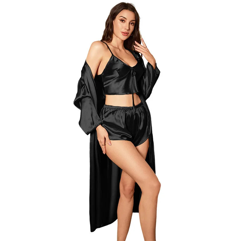 Women’s 3PCS Satin Pajama Set – Sexy Nightgown, Sling Dress & Robe Elegant Sleepwear Loungewear