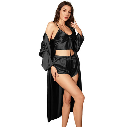 Women’s 3PCS Satin Pajama Set – Sexy Nightgown, Sling Dress & Robe Elegant Sleepwear Loungewear