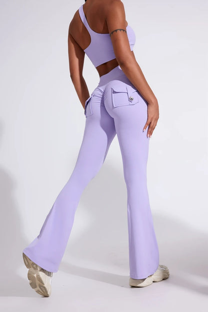 DIAS FIT JOY Pantalon de yoga évasé taille haute pour femme – Legging patte d'éléphant push-up avec poches, pantalon d'entraînement à séchage rapide pour la course, la gym, le fitness et l'exercice