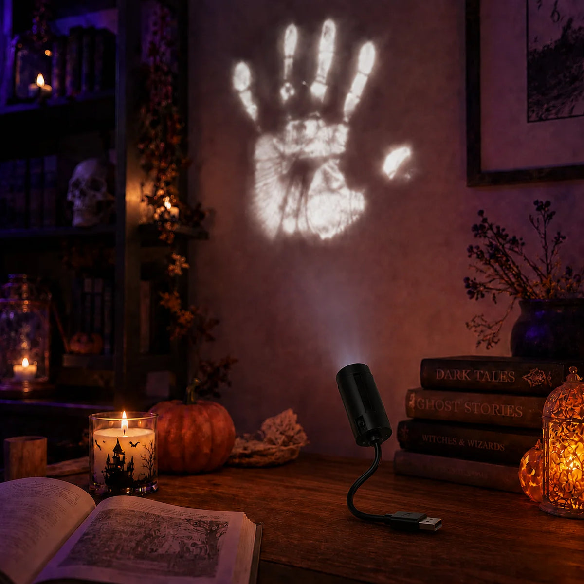 Halloween USB Projection Lamp with 3 or 6 Pattern Slides, LED Ghost Bat Skull Spider Projector Light for Halloween Party, Bedroom, Indoor Holiday Decorations