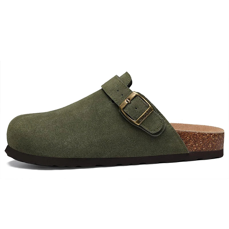 Kidmi Zuecos de ante de vaca para mujer y hombre, mules con plantilla de corcho, correa ajustable y soporte para el arco del pie