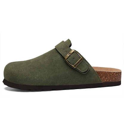 Kidmi Zuecos de ante de vaca para mujer y hombre, mules con plantilla de corcho, correa ajustable y soporte para el arco del pie