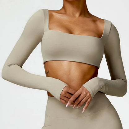 Women’s Square Neck Sports Crop Top – Long Sleeve Quick-Dry Gym Yoga Fitness Activewear