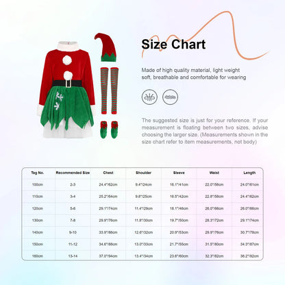 Kids Girls Christmas Elf Costume Set, Santa Claus Holiday Outfit with Accessories, Festive Xmas Dress-Up Costume for Christmas Parties, New Year Celebrations, School Events and Holiday Cosplay