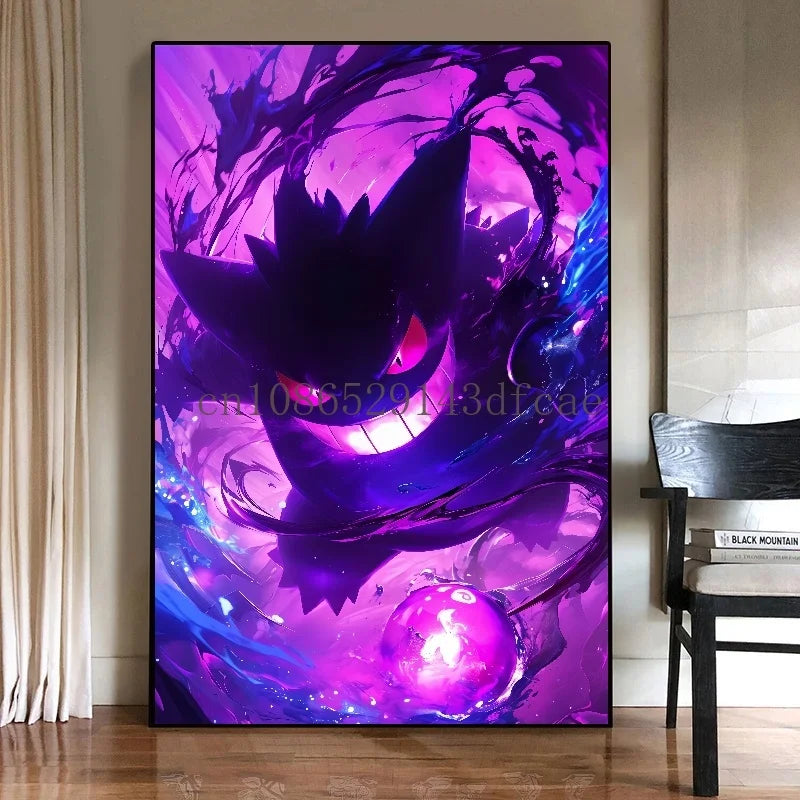 Pokémon Canvas Wall Art – Gengar Anime Ink Painting Poster Print for Living Room & Kids Room Decor