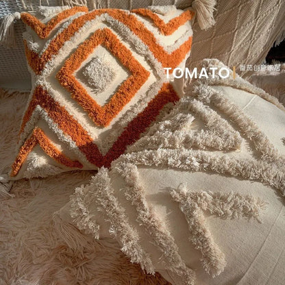 Boho Embroidered Throw Pillow Cover - Geometric Tassel Cushion Cover for Sofa, Living Room & Home Decor