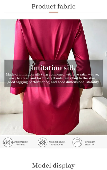 Women’s Summer Ice Silk Robe – Sexy Lace-Up Bathrobe Morning Gown Home Dress Loungewear