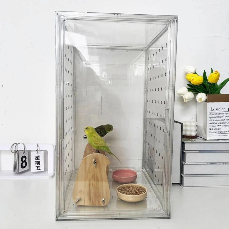 360° Clear View Acrylic Bird Cage – Splash-Proof Parrot Enclosure for Cockatiels & Mynah Birds, Easy-Clean Aviary Pet Supplies