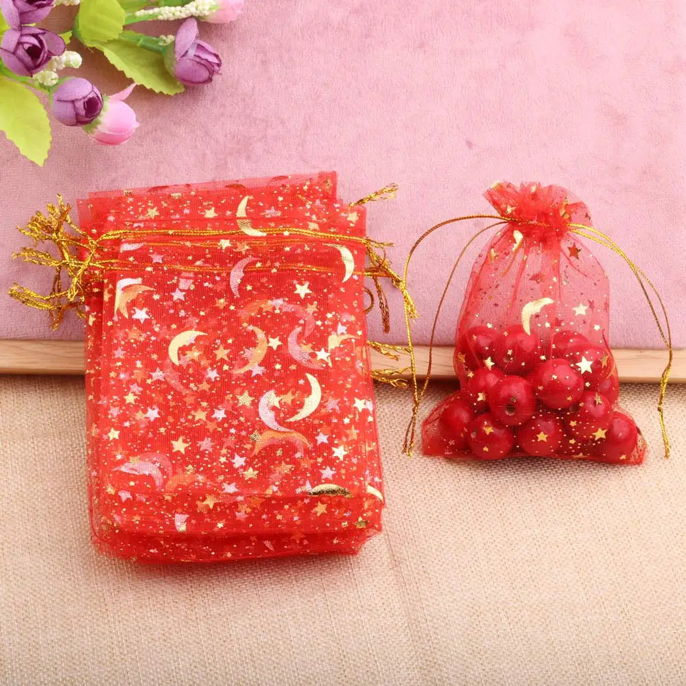 Bolsas de regalo de organza con estrellas y lunas de 25/50 piezas – Bolsitas de joyería con cordón dorado para recuerdos de boda, regalos de fiesta, empaques de dulces y almacenamiento de accesorios pequeños