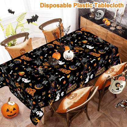 130×220CM Halloween Disposable Plastic Tablecloth – Black Ghost, Skeleton & Witch Pattern Table Cover for Halloween Party Supplies