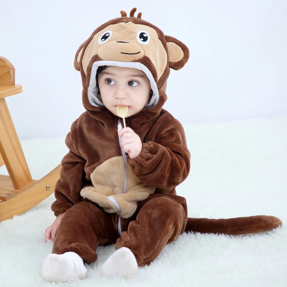 Halloween Dinosaur Baby Romper – Warm Fleece Hooded Kigurumi Pajamas & Animal Jumpsuit for Baby Boys & Girls, Cozy Winter Costume 0-4T