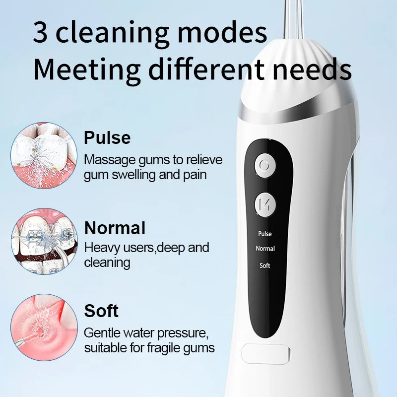 Irrigador bucal portátil USB recargable – Irrigador bucal impermeable IP65 con 3 modos de limpieza y 4 boquillas