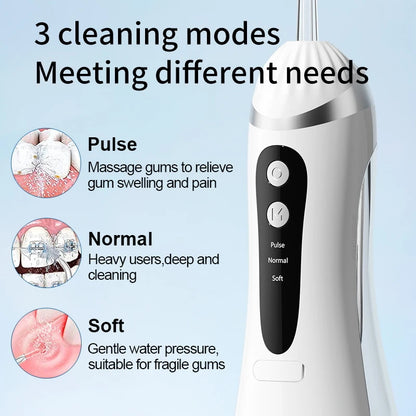 Irrigador bucal portátil USB recargable – Irrigador bucal impermeable IP65 con 3 modos de limpieza y 4 boquillas