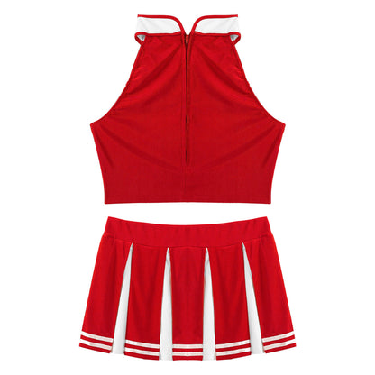 Women’s Cheerleader Cosplay Costume – Uniform Set (Crop Top + Mini Pleated Skirt, Carnival Outfit)