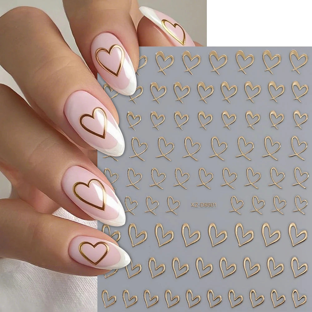8-Sheet 3D Heart Nail Stickers – Cute Pink Black White Gold Self-Adhesive Nail Art Decals (8×10cm)