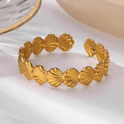 Stainless Steel Open Flower & Leaf Bangle Bracelet – Gold Geometric Cuff Bracelet for Women & Men | Minimalist Fashion Jewelry