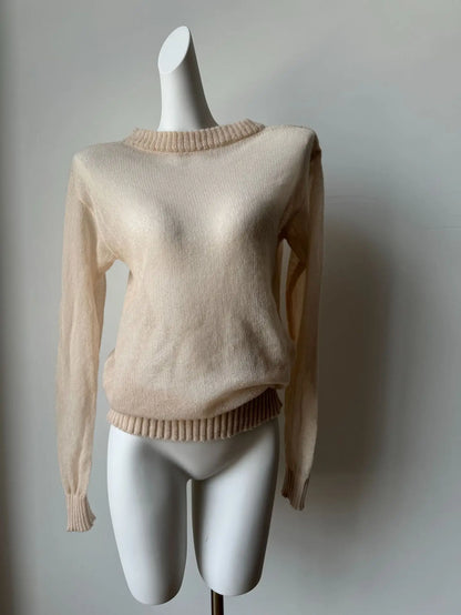 Women’s Classic Mohair Knitted Sweater Top Spring Summer Loose O-Neck Micro Sheer Cool Knit Shirt