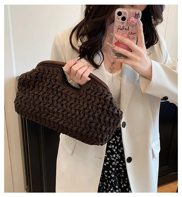 Bolso de playa de lujo de paja tejida para mujer - Bolso de mano de ratán de moda, Bolso de mano de verano para viajes, vacaciones, compras y salidas casuales, Bolso tejido a mano inspirado en el diseñador