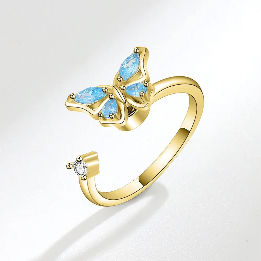 Anillo giratorio antiestrés de mariposa y flor con diamantes de imitación – Anillo giratorio antiansiedad para mujer | Joyería ajustable para aliviar el estrés