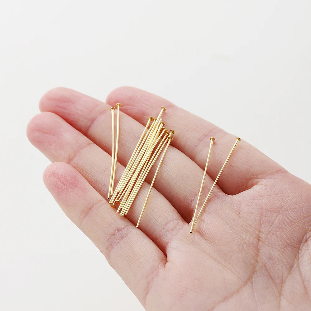 100-Piece 14K & 18K Gold Plated Brass Head Pins Set (16–50mm) – Ball, Flat & Eye Pins for DIY Jewelry Making & Crafts