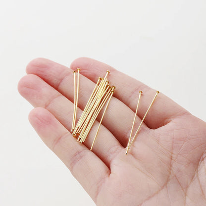 100-Piece 14K & 18K Gold Plated Brass Head Pins Set (16–50mm) – Ball, Flat & Eye Pins for DIY Jewelry Making & Crafts