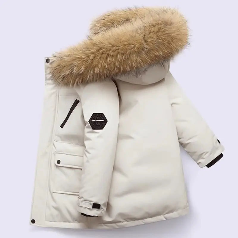 Kids’ Thick Velvet-Lined Winter Parka – Warm Cotton-Padded Coat with Fur Collar & Hood for Boys and Girls