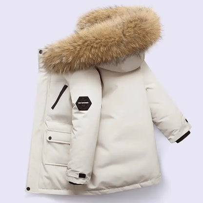 Kids’ Thick Velvet-Lined Winter Parka – Warm Cotton-Padded Coat with Fur Collar & Hood for Boys and Girls