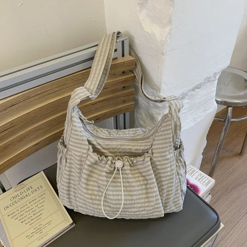 Bolso de hombro de nailon estilo coreano – Bolso tote sencillo a cuadros con cremallera y diseño de nube plisada con cordón ajustable, bandolera de moda para mujer, bolso de mano casual para el día a día